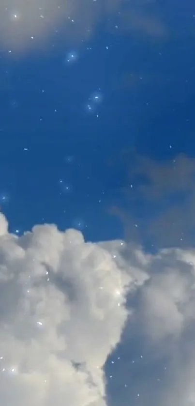 A serene blue sky with fluffy white clouds and twinkling stars.