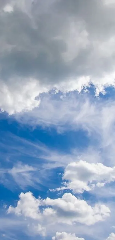 Serene blue sky with fluffy white clouds wallpaper.