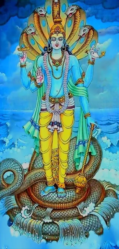 Blue Vishnu artwork with spiritual elements.