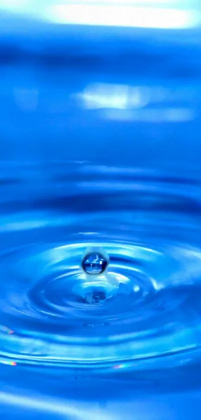 Blue water drop creating ripples in serene wallpaper background.