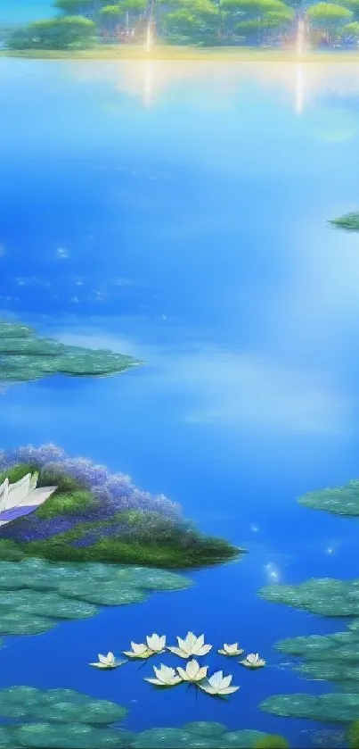 Serene lake with water lilies and blue sky wallpaper.