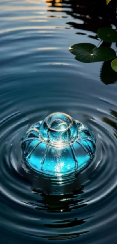 Serene blue water ripple with evening glow and reflection.