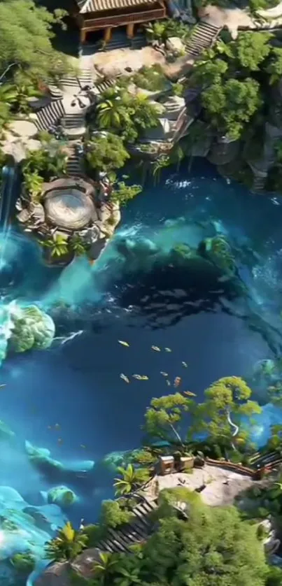 Serene waterfall landscape with lush greenery and vibrant blue waters.