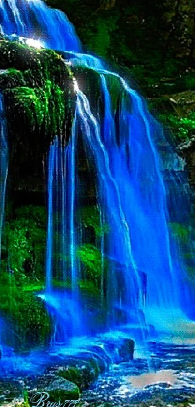 Serene blue waterfall with vibrant cascades and lush greenery.