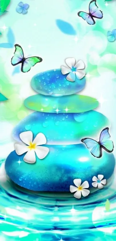 Blue zen wallpaper with stones and butterflies.