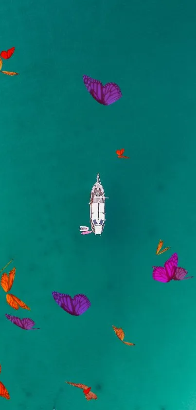 Aerial view of boat with colorful butterflies over turquoise water.