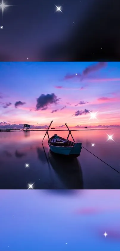 A small boat floats under a starry sky at sunset on the ocean.