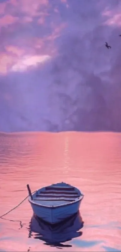 Serene boat floating at sunset amidst pink and purple sky.