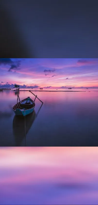 Mobile wallpaper of a boat at sunset with purple and pink sky reflections.