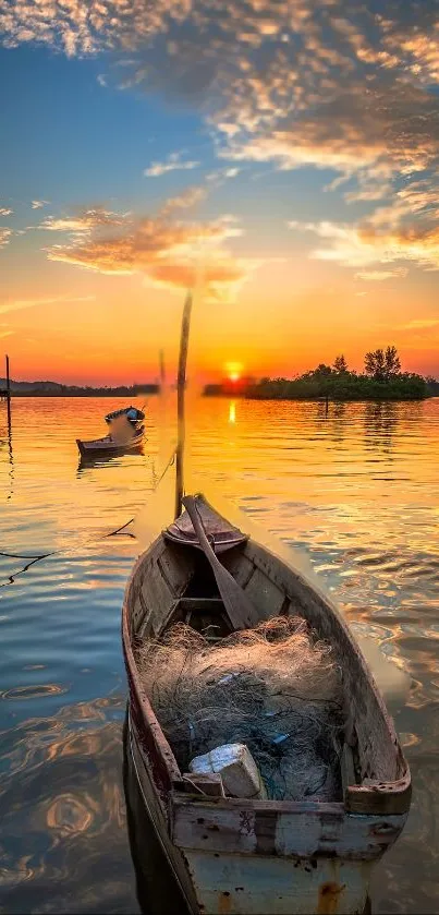 Boat on a calm lake at sunset with vibrant orange and blue hues.