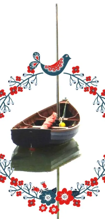 Serene boat with floral and bird design on white background.