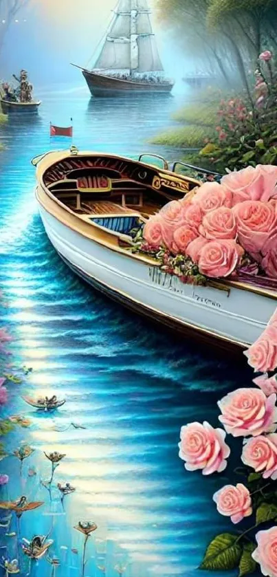 Serene boat on river with pink roses and blue water.
