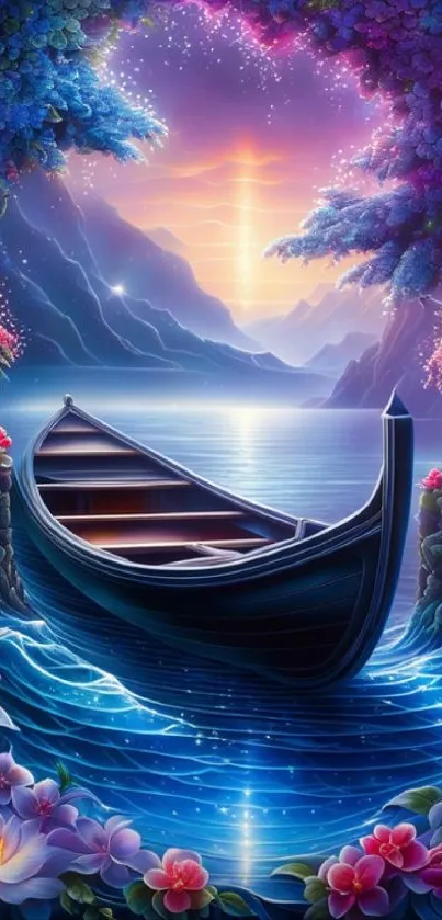 Fantasy scene with boat on a tranquil lake, surrounded by vibrant flowers and mountains.