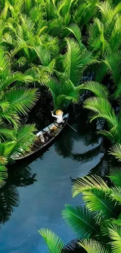 Boat gliding through lush green jungle palms over calm waters.