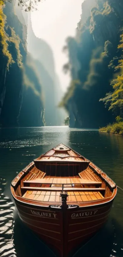 Serene boat in a mountain stream surrounded by lush greenery.