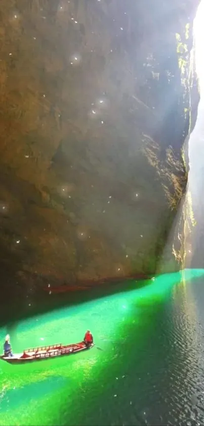 Tranquil scene of a boat in a sunlit canyon with sparkling water.