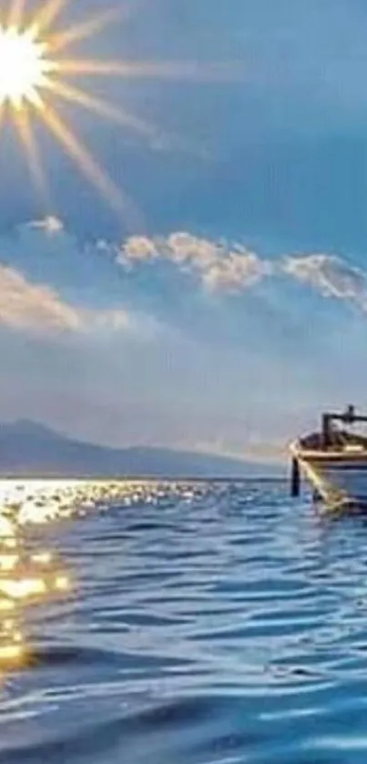 Serene boat on shimmering blue water under a bright sun.