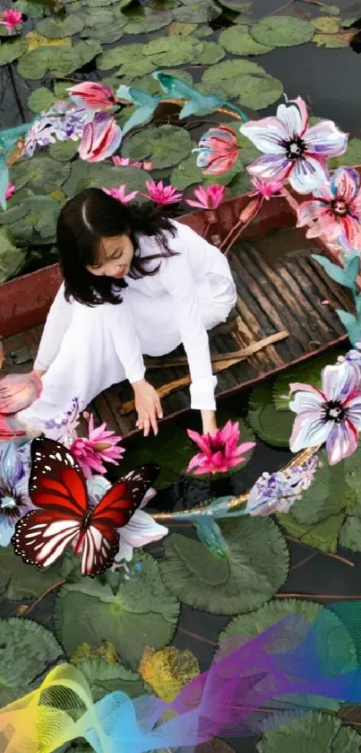 Boat surrounded by lilies and colorful flowers on a calm pond.