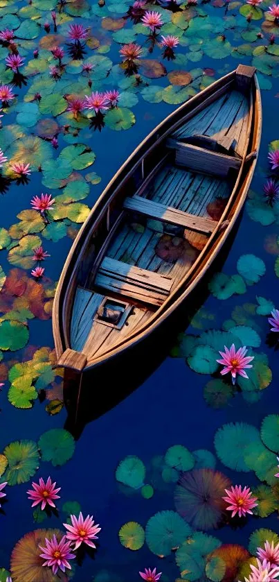 Wooden boat on a pond with colorful water lilies.