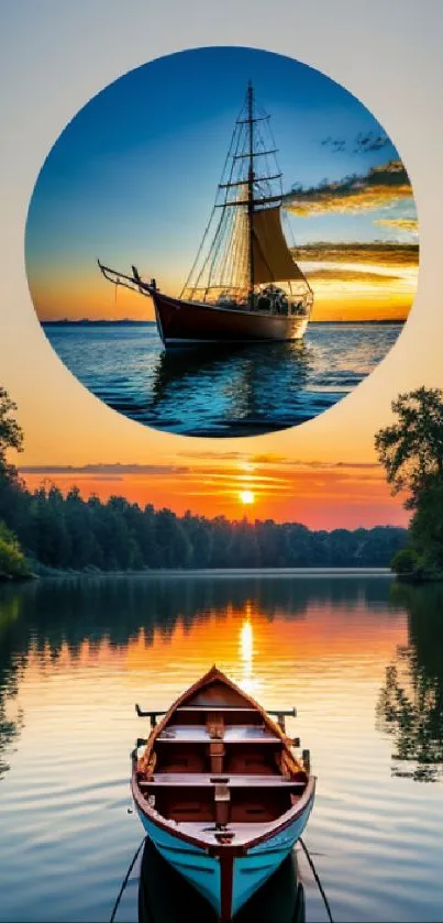 Serene lake with boat and sunset glow, featuring a sailing ship.