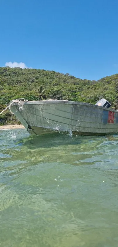 Small boat floating on tropical waters with lush green hills.