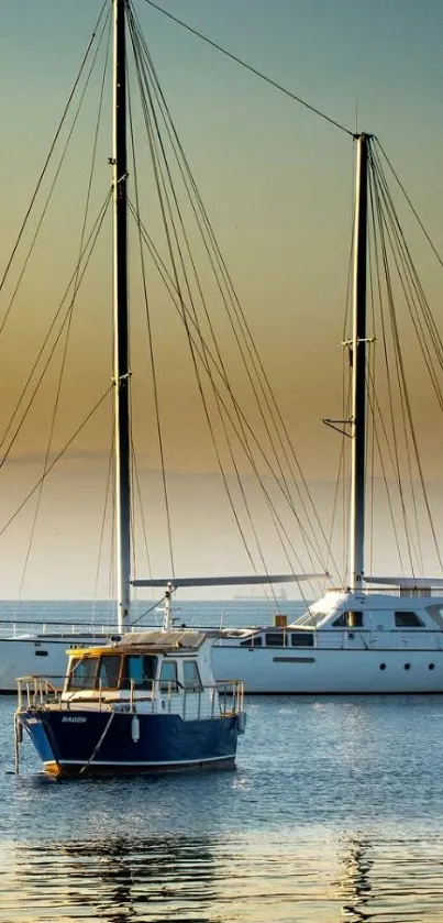 Serene scene of boats at sunset on calm waters.