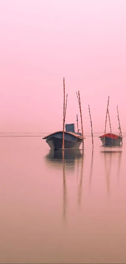 Serene view of boats on a pink horizon.