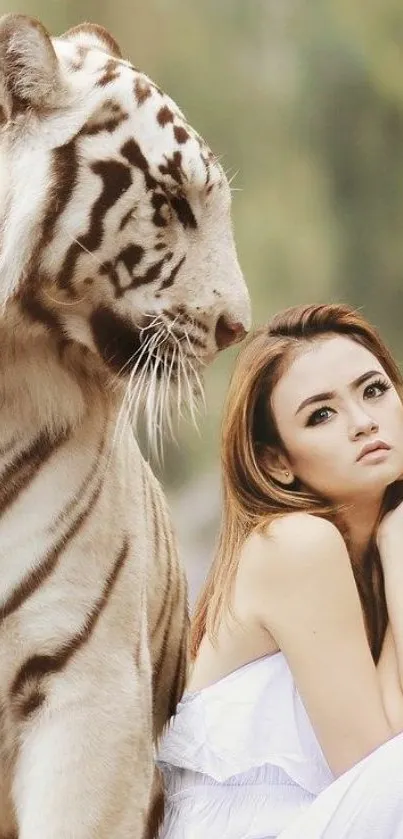 Woman in white with a gentle white tiger in a tranquil forest setting.