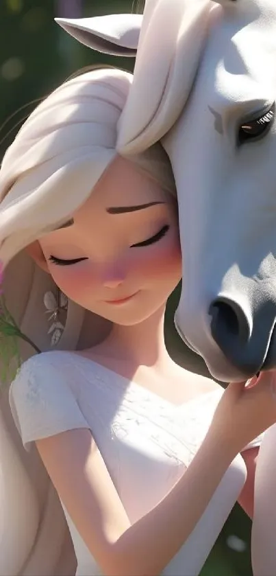 Animated girl embraces horse in serene pastel garden setting.