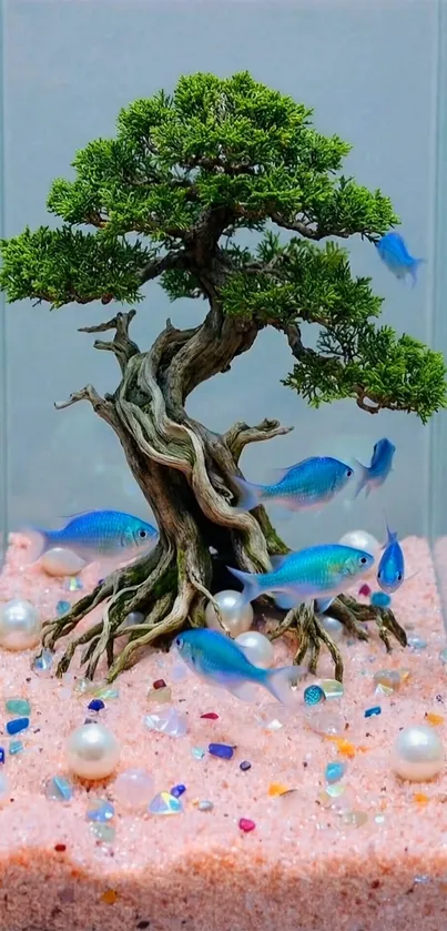 Beautiful bonsai tree with fish in tranquil aquarium setting.
