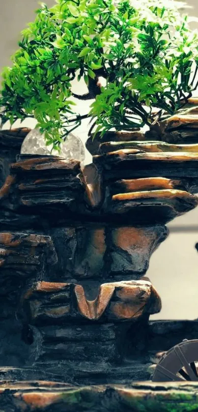 Green bonsai atop a rocky structure, serene mobile wallpaper.