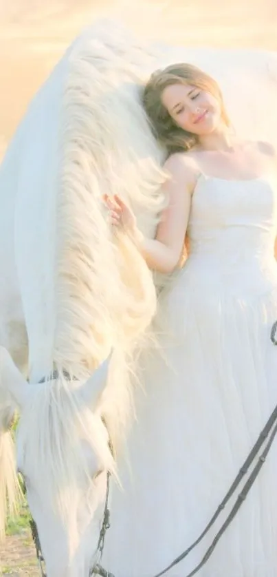 Bridal woman with a white horse in a serene outdoor setting.