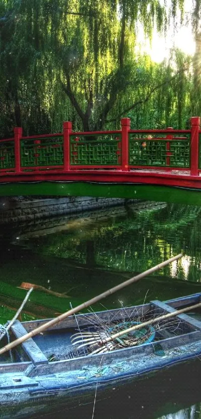 Serene mobile wallpaper with a boat and red bridge in lush greenery.