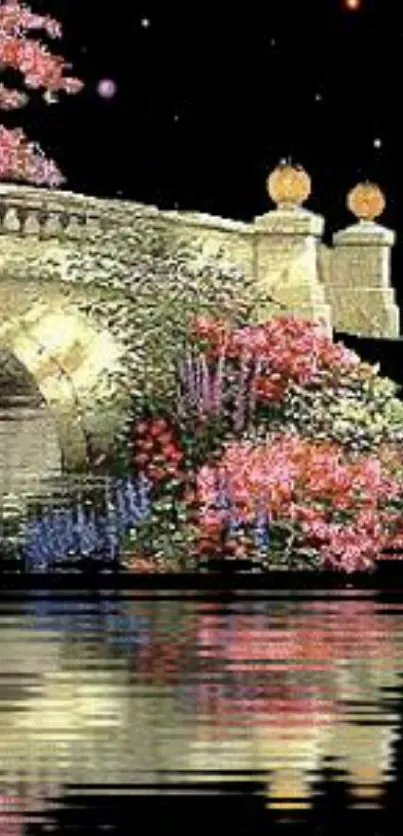 Serene night bridge with flowers and reflection.