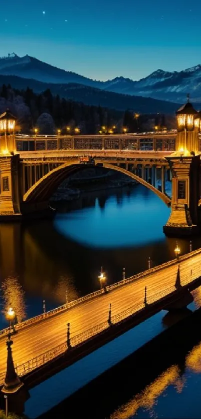 Illuminated bridge under a starry night sky with mountains and water.