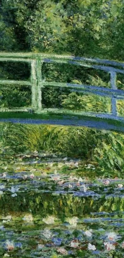 A serene green bridge over water lilies in a lush garden.