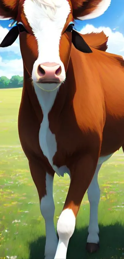 Serene brown cow in a sunny green field.