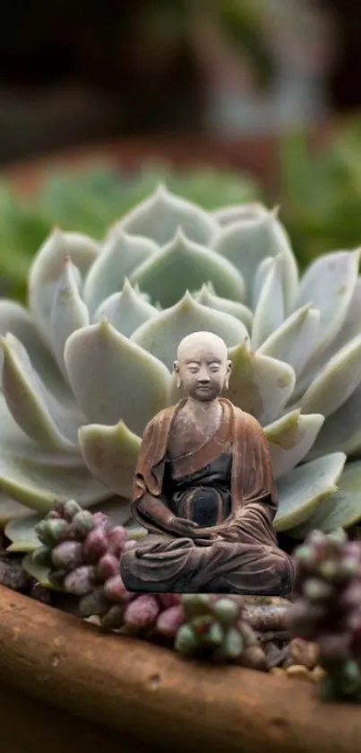 Buddha statue with succulent plants background for mobile wallpaper.