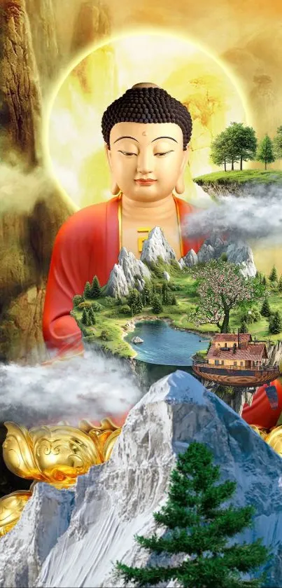 Buddha with nature scene and mountain.