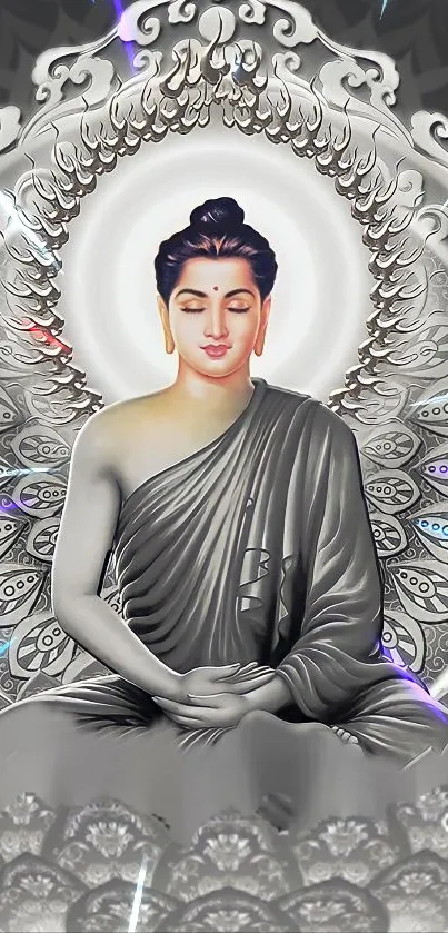 Serene Buddha art with intricate design and calming hues, perfect as mobile wallpaper.