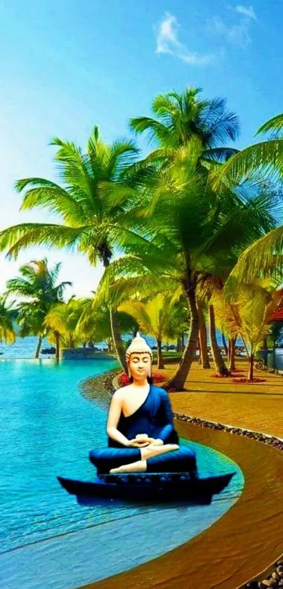 Meditating Buddha by a peaceful tropical beach with palm trees and ocean.