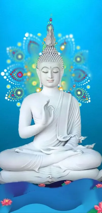 Serene Buddha figure with a blue backdrop and colorful mandala designs.