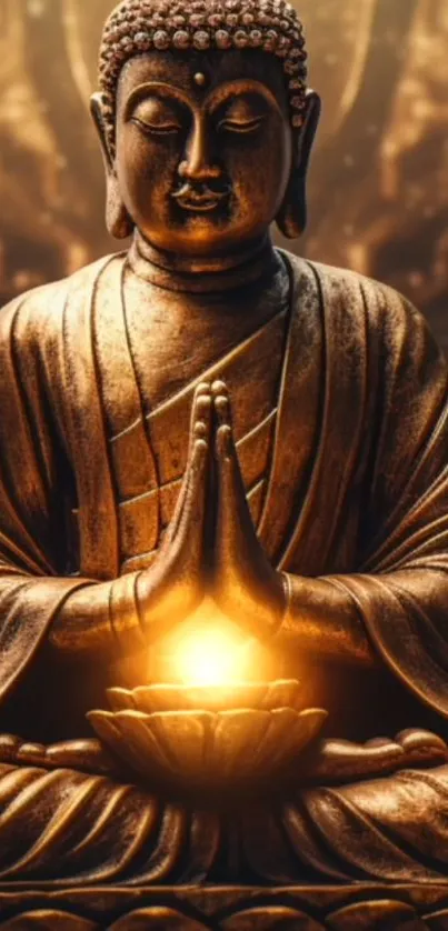 Bronze Buddha statue with glowing lotus.