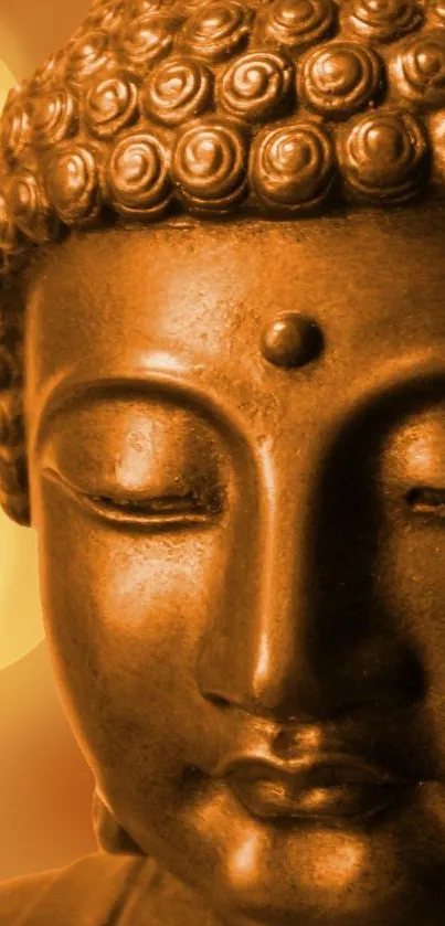 Bronze Buddha statue with calm expression and golden background.