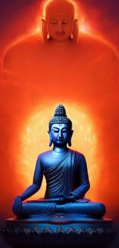 Serene Buddha digital art with vibrant orange and blue tones, ideal for mobile wallpaper.