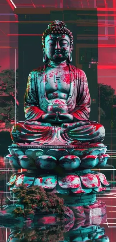 Digital art of serene Buddha statue with futuristic elements.