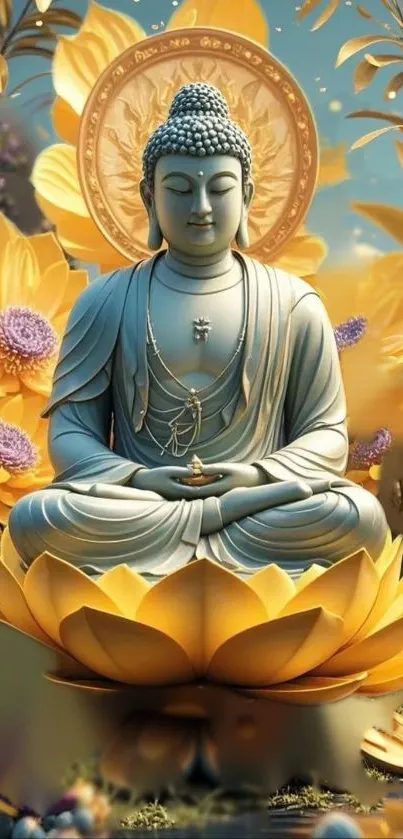 Serene Buddha statue with golden lotus flowers.