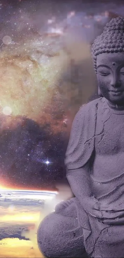 Buddha statue with galaxy background wallpaper.