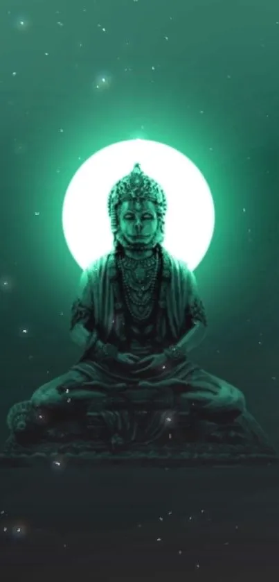 Buddha statue with a glowing green aura on a mobile wallpaper.