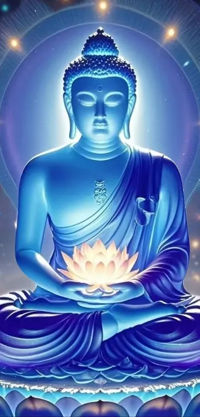 Buddha meditating with glowing lotus